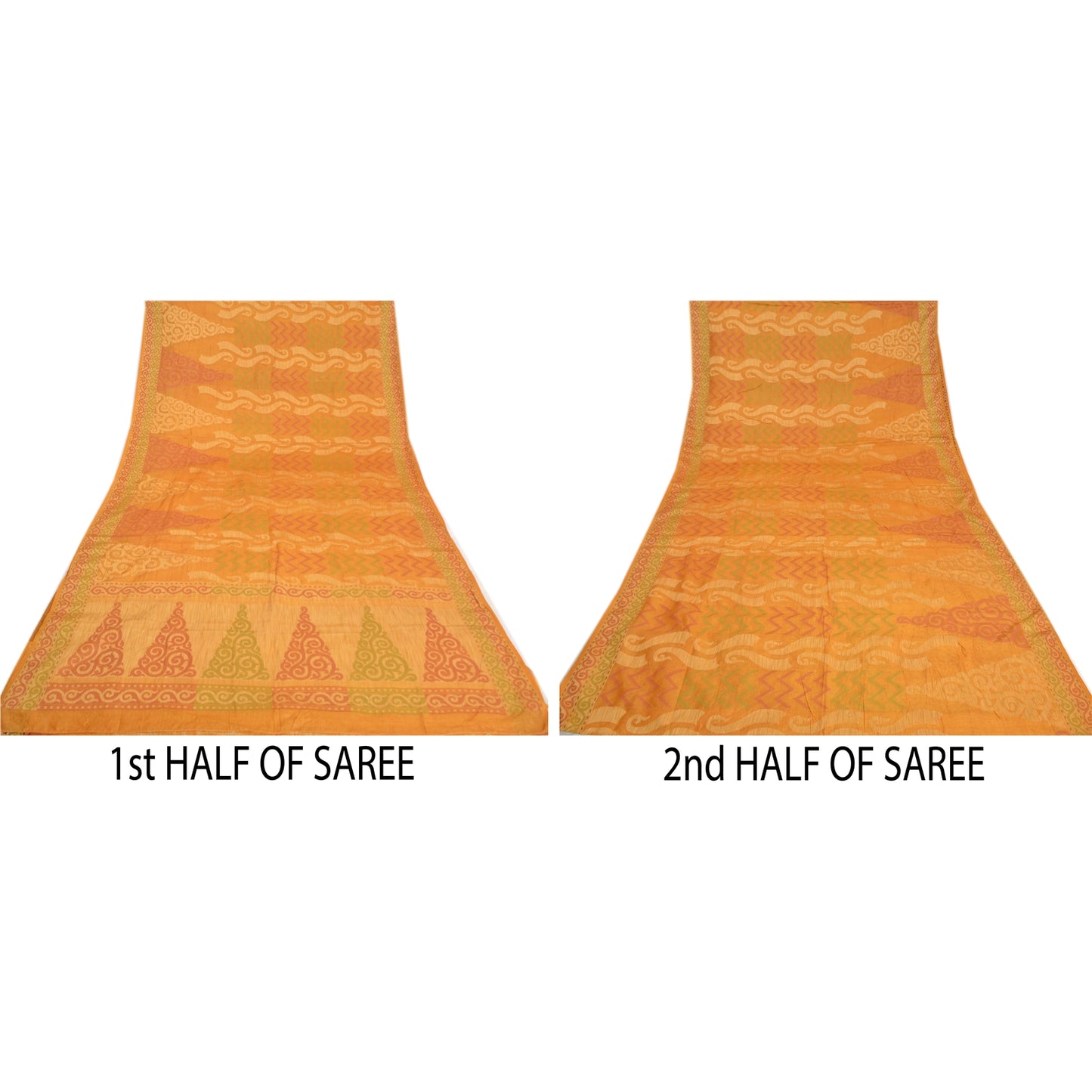 Sanskriti Vintage Saffron Indian Sarees 100% Pure Silk Woven Sari Craft Sustainable Fabric