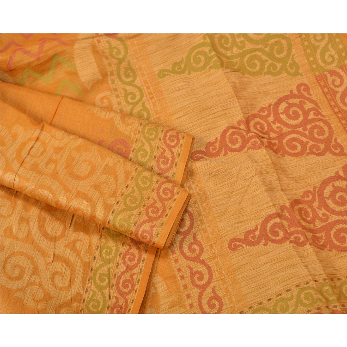 Sanskriti Vintage Saffron Indian Sarees 100% Pure Silk Woven Sari Craft Sustainable Fabric