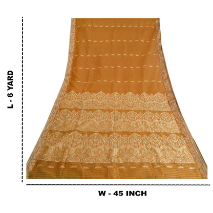 Sanskriti Vintage Saffron Sarees Blend Silk Hand Beaded Woven Ethnic Sari Sustainable Fabric