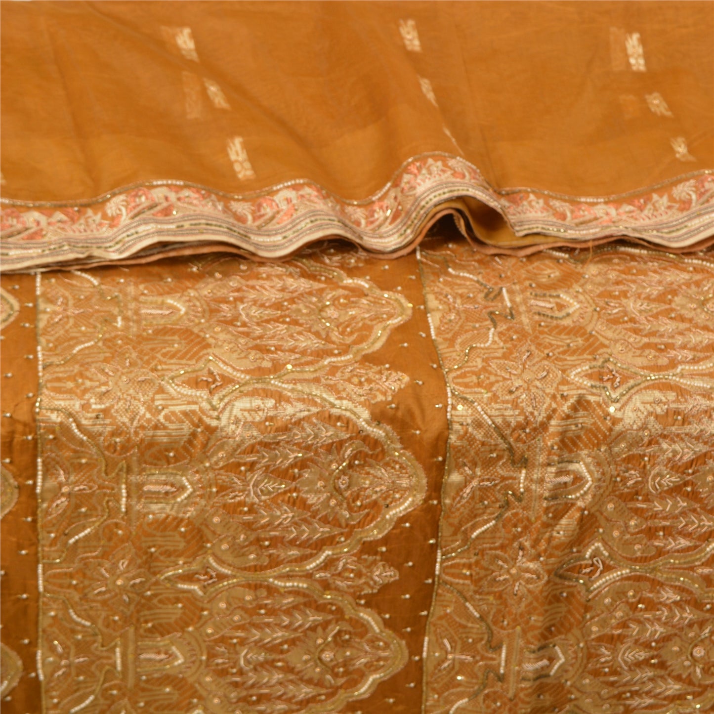 Sanskriti Vintage Saffron Sarees Blend Silk Hand Beaded Woven Ethnic Sari Sustainable Fabric