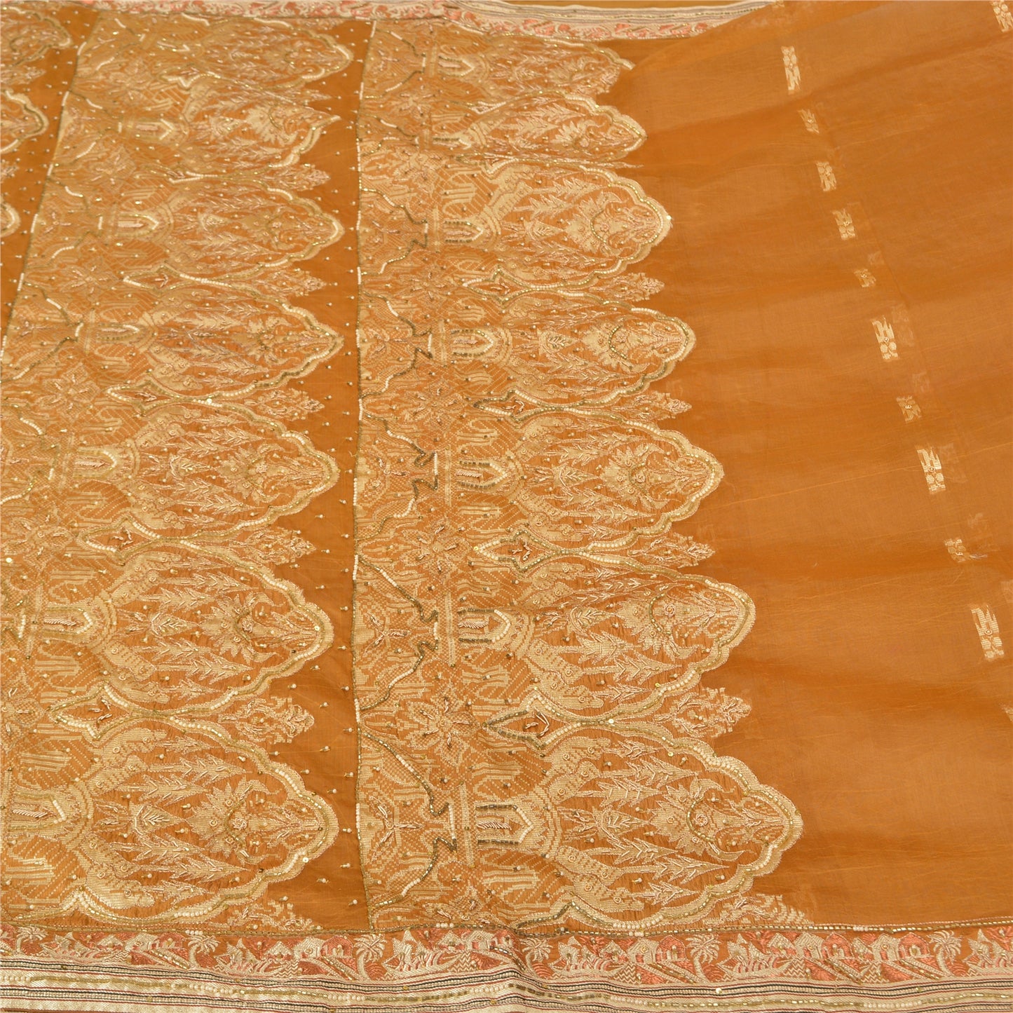 Sanskriti Vintage Saffron Sarees Blend Silk Hand Beaded Woven Ethnic Sari Sustainable Fabric