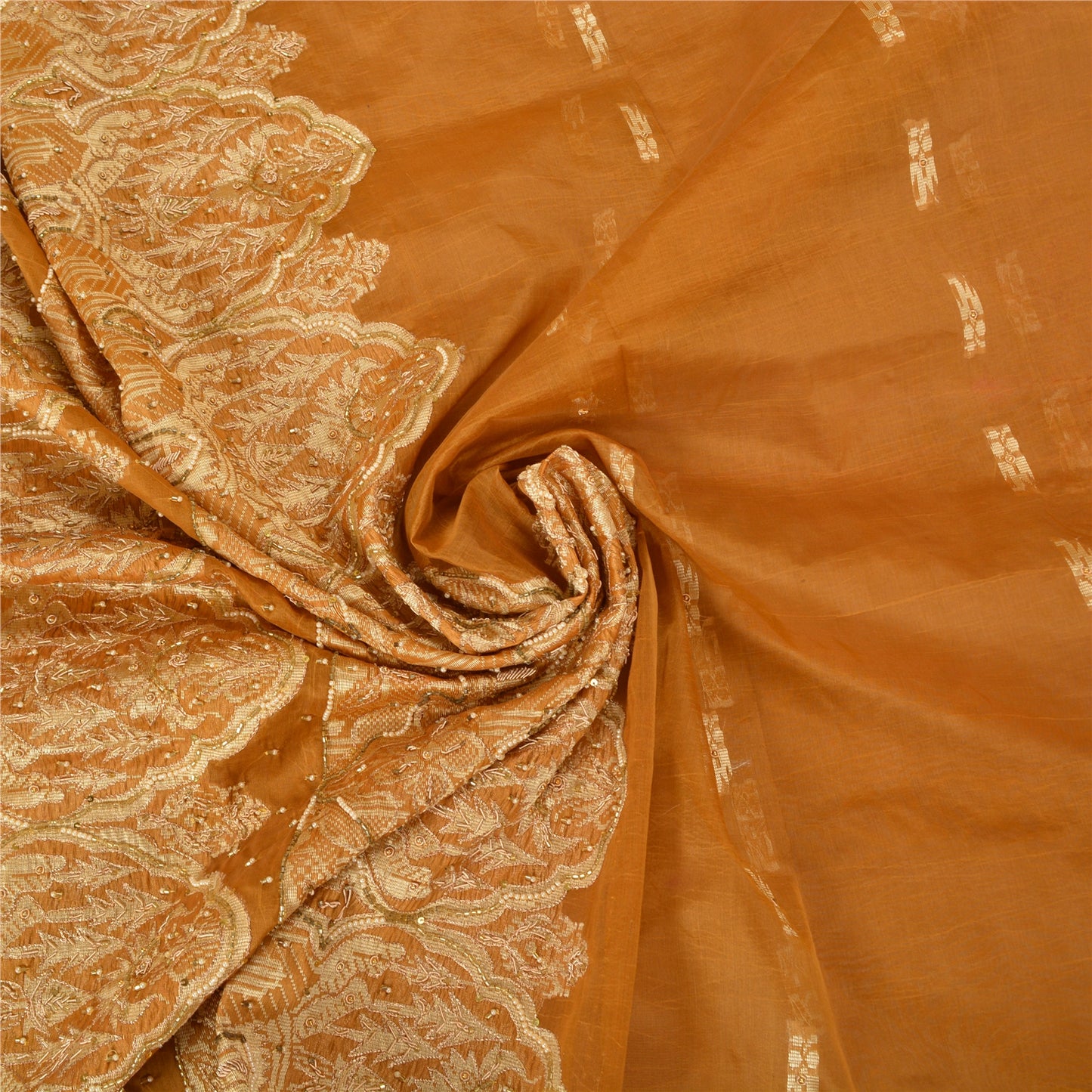 Sanskriti Vintage Saffron Sarees Blend Silk Hand Beaded Woven Ethnic Sari Sustainable Fabric