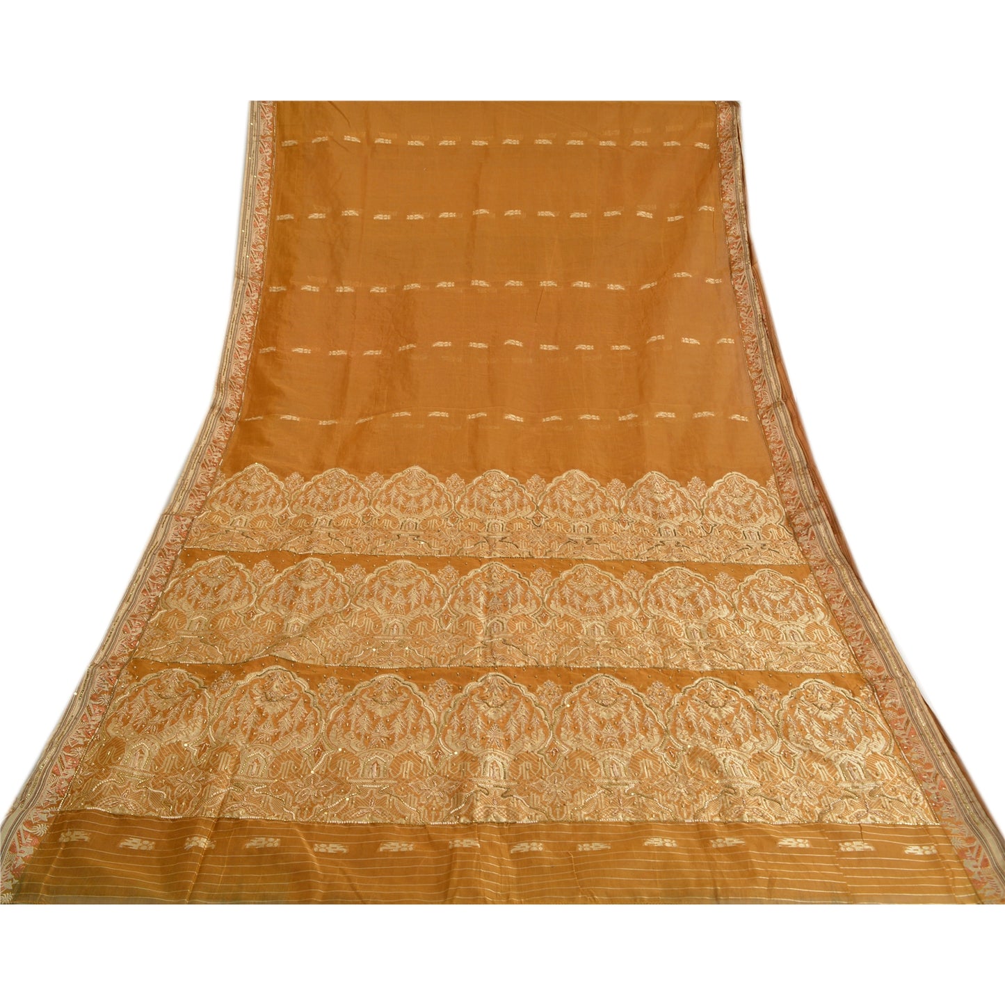 Sanskriti Vintage Saffron Sarees Blend Silk Hand Beaded Woven Ethnic Sari Sustainable Fabric