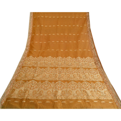 Sanskriti Vintage Saffron Sarees Blend Silk Hand Beaded Woven Ethnic Sari Sustainable Fabric