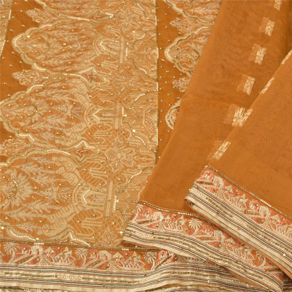 Sanskriti Vintage Saffron Sarees Blend Silk Hand Beaded Woven Ethnic Sari Sustainable Fabric