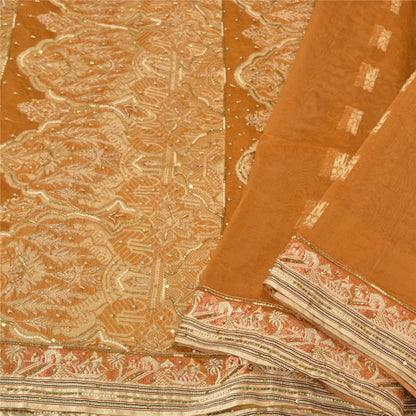 Sanskriti Vintage Saffron Sarees Blend Silk Hand Beaded Woven Ethnic Sari Sustainable Fabric