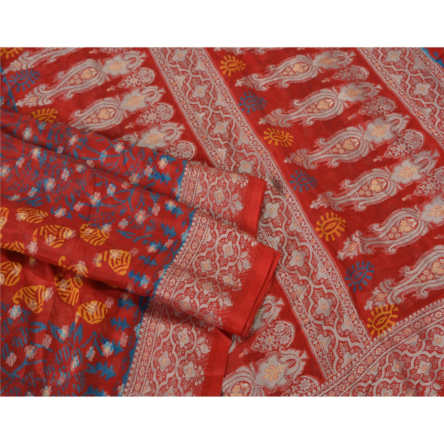 Sanskriti Vintage Red Bollywood Sarees Pure Georgette Silk Woven Sari Sustainable Fabric