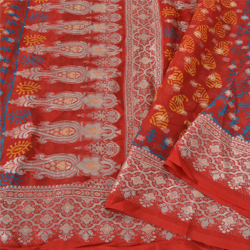 Sanskriti Vintage Red Bollywood Sarees Pure Georgette Silk Woven Sari Sustainable Fabric