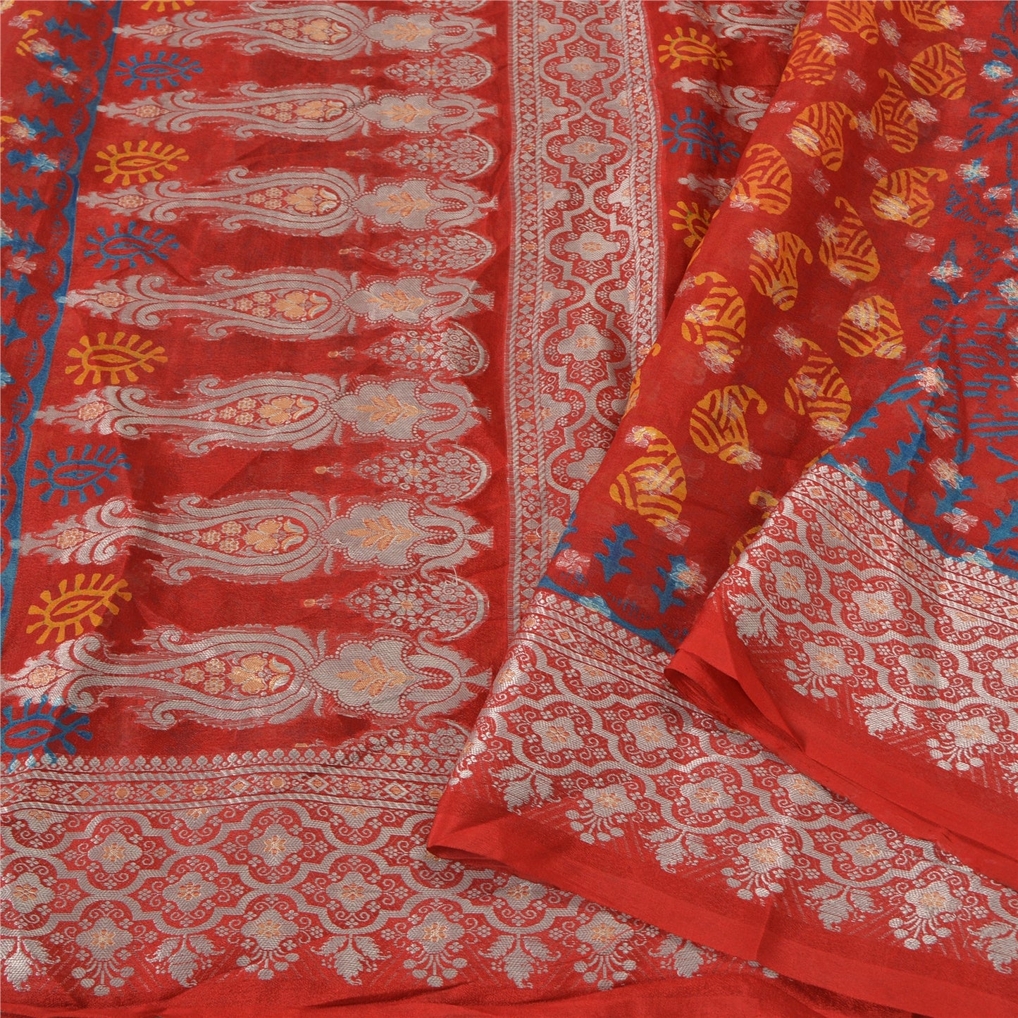 Sanskriti Vintage Red Bollywood Sarees Pure Georgette Silk Woven Sari Sustainable Fabric