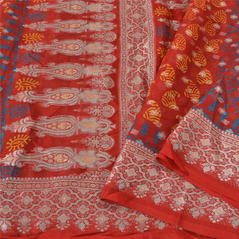 Sanskriti Vintage Red Bollywood Sarees Pure Georgette Silk Woven Sari Sustainable Fabric