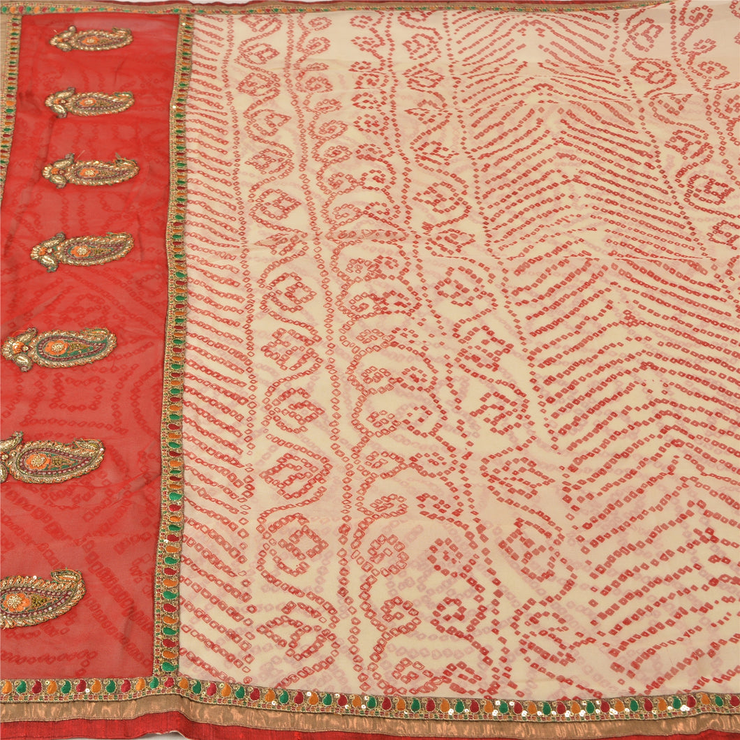 Sanskriti Vintage Ivory Sarees Pure Georgette Silk Handmade Bandhani Sari Fabric