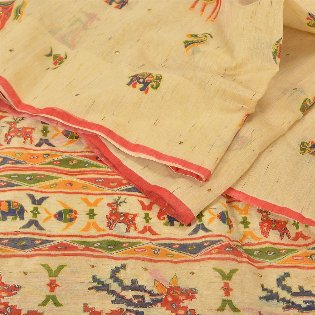 Sanskriti Vintage Ivory Sarees Cotton Hand Beaded Printed Sari Craft Sustainable Fabric