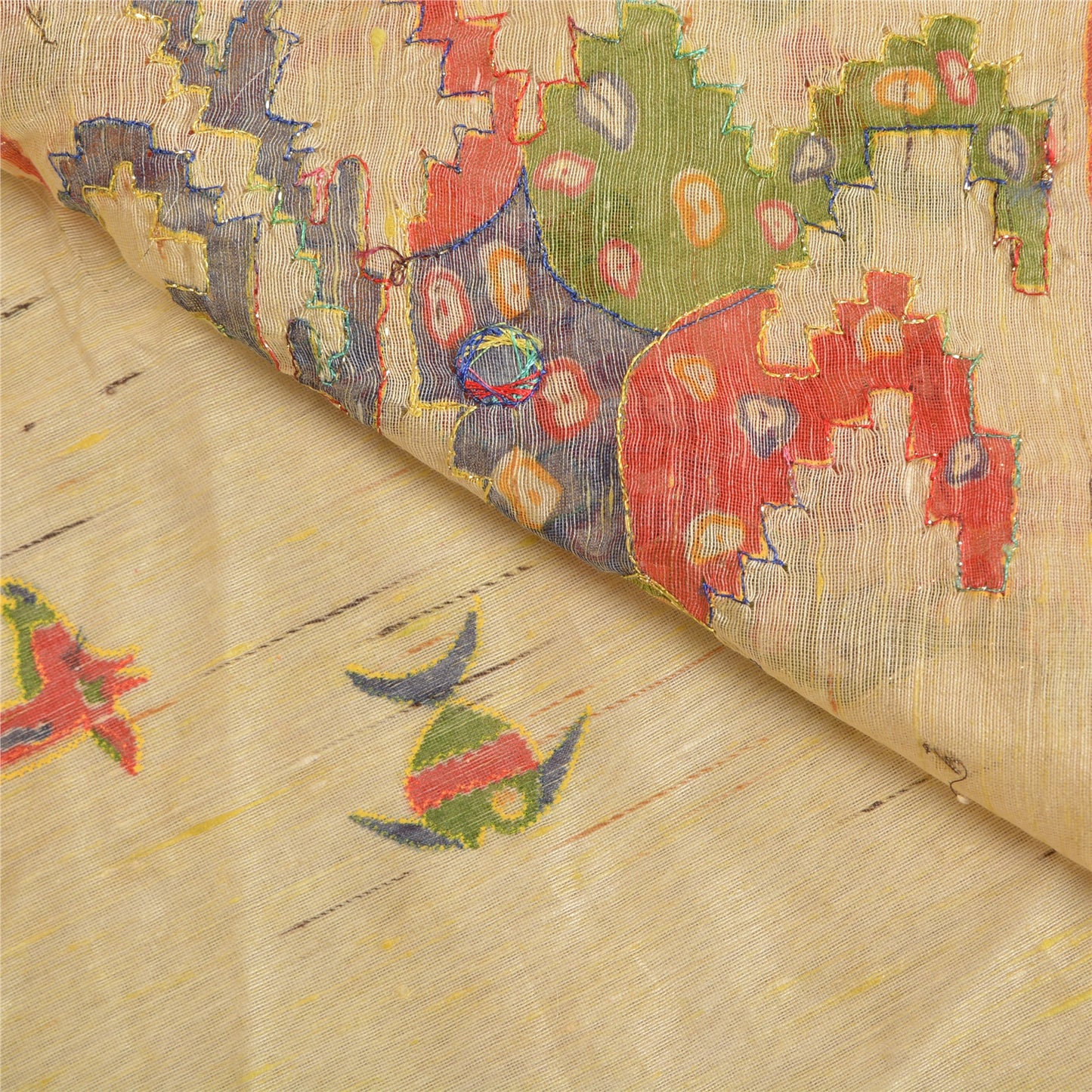 Sanskriti Vintage Ivory Sarees Cotton Hand Beaded Printed Sari Craft Sustainable Fabric