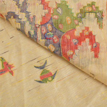 Sanskriti Vintage Ivory Sarees Cotton Hand Beaded Printed Sari Craft Sustainable Fabric