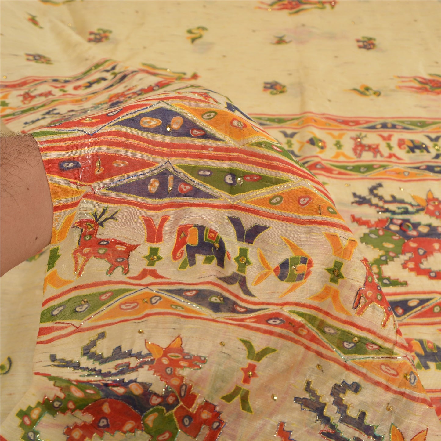 Sanskriti Vintage Ivory Sarees Cotton Hand Beaded Printed Sari Craft Sustainable Fabric