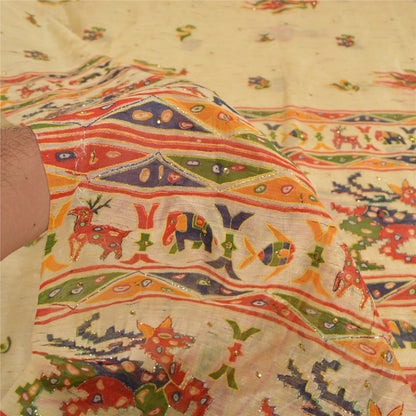 Sanskriti Vintage Ivory Sarees Cotton Hand Beaded Printed Sari Craft Sustainable Fabric