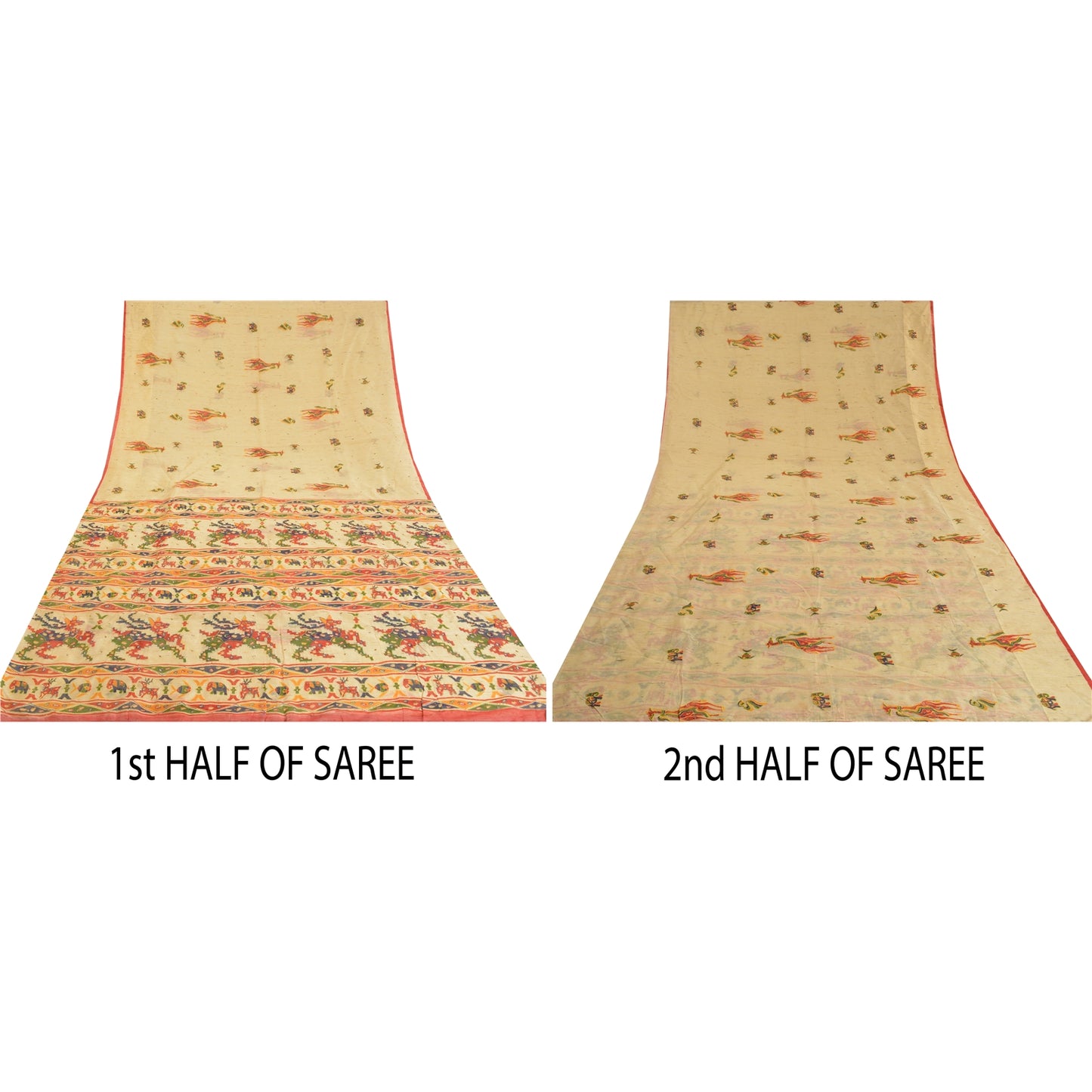 Sanskriti Vintage Ivory Sarees Cotton Hand Beaded Printed Sari Craft Sustainable Fabric