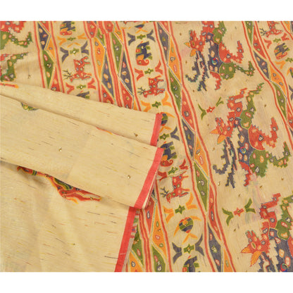 Sanskriti Vintage Ivory Sarees Cotton Hand Beaded Printed Sari Craft Sustainable Fabric