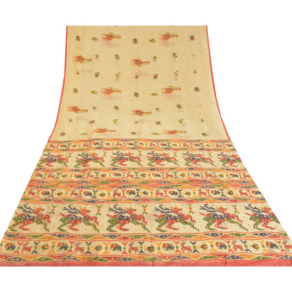 Sanskriti Vintage Ivory Sarees Cotton Hand Beaded Printed Sari Craft Sustainable Fabric