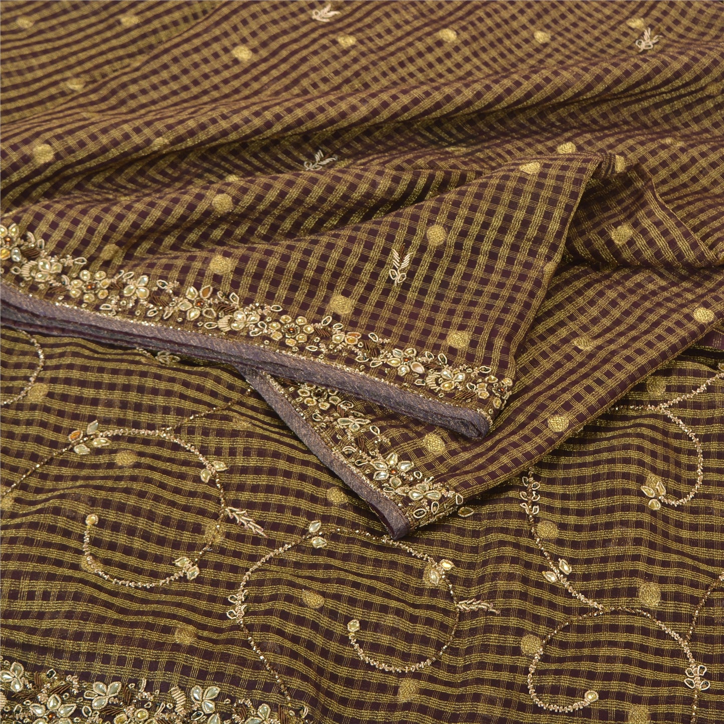 Sanskriti Vintage Brown Sarees Pure Silk Hand Beaded Woven Cultural Sari Sustainable Fabric