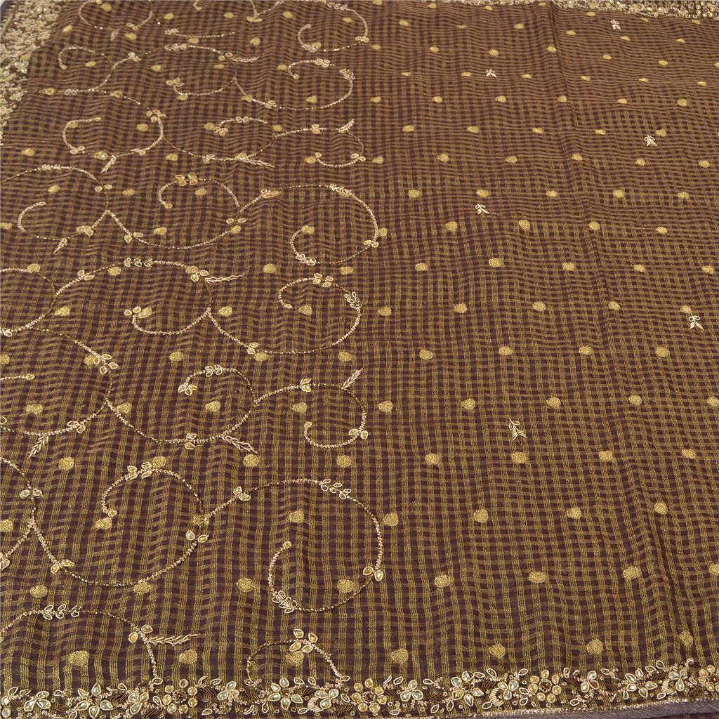 Sanskriti Vintage Brown Sarees Pure Silk Hand Beaded Woven Cultural Sari Sustainable Fabric