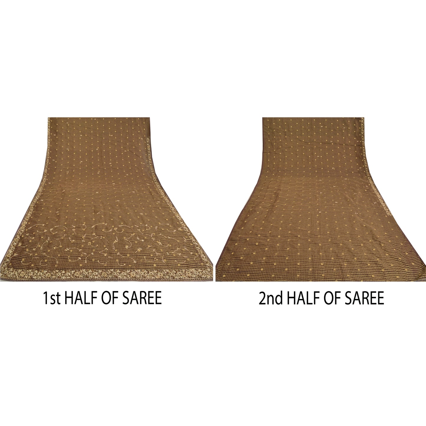 Sanskriti Vintage Brown Sarees Pure Silk Hand Beaded Woven Cultural Sari Sustainable Fabric