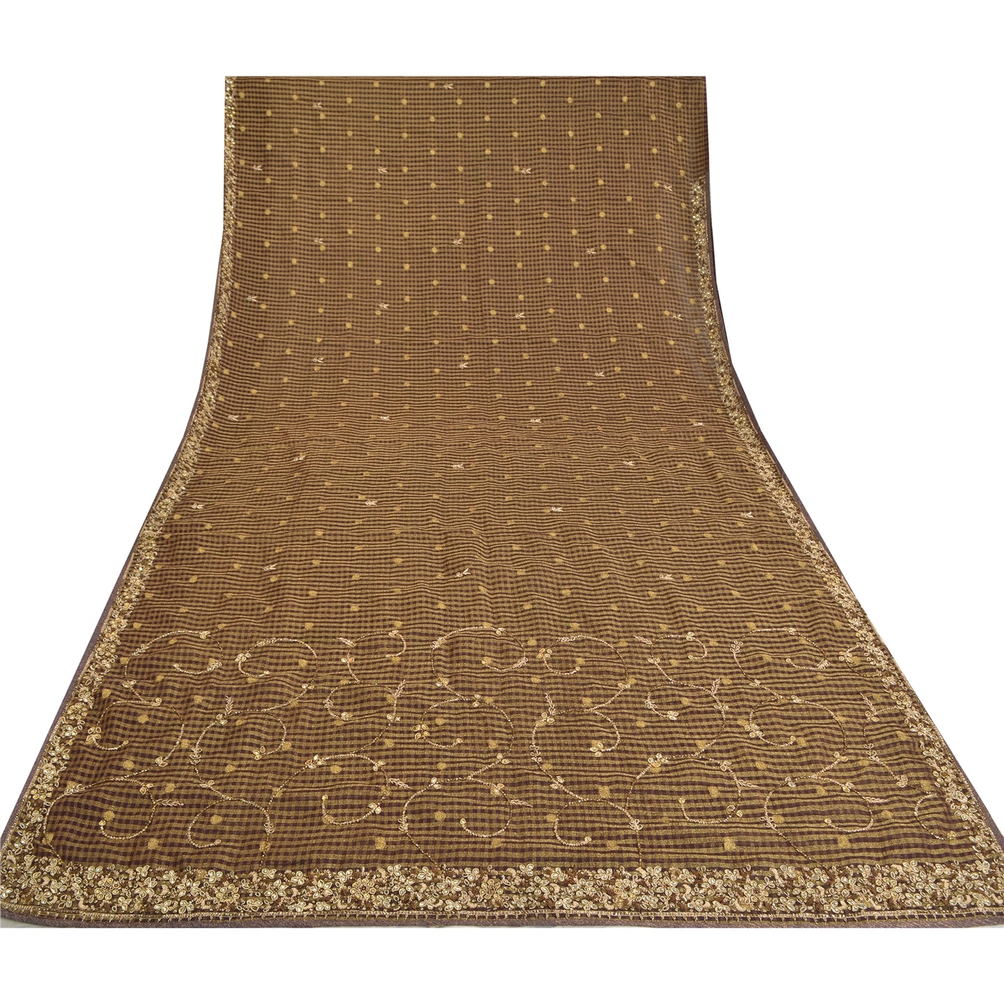 Sanskriti Vintage Brown Sarees Pure Silk Hand Beaded Woven Cultural Sari Sustainable Fabric