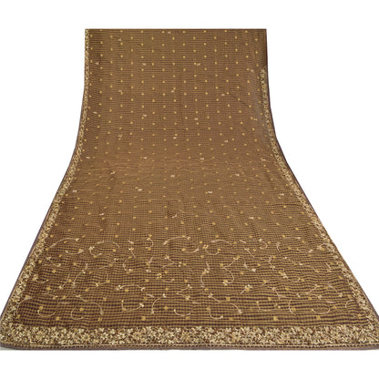 Sanskriti Vintage Brown Sarees Pure Silk Hand Beaded Woven Cultural Sari Sustainable Fabric