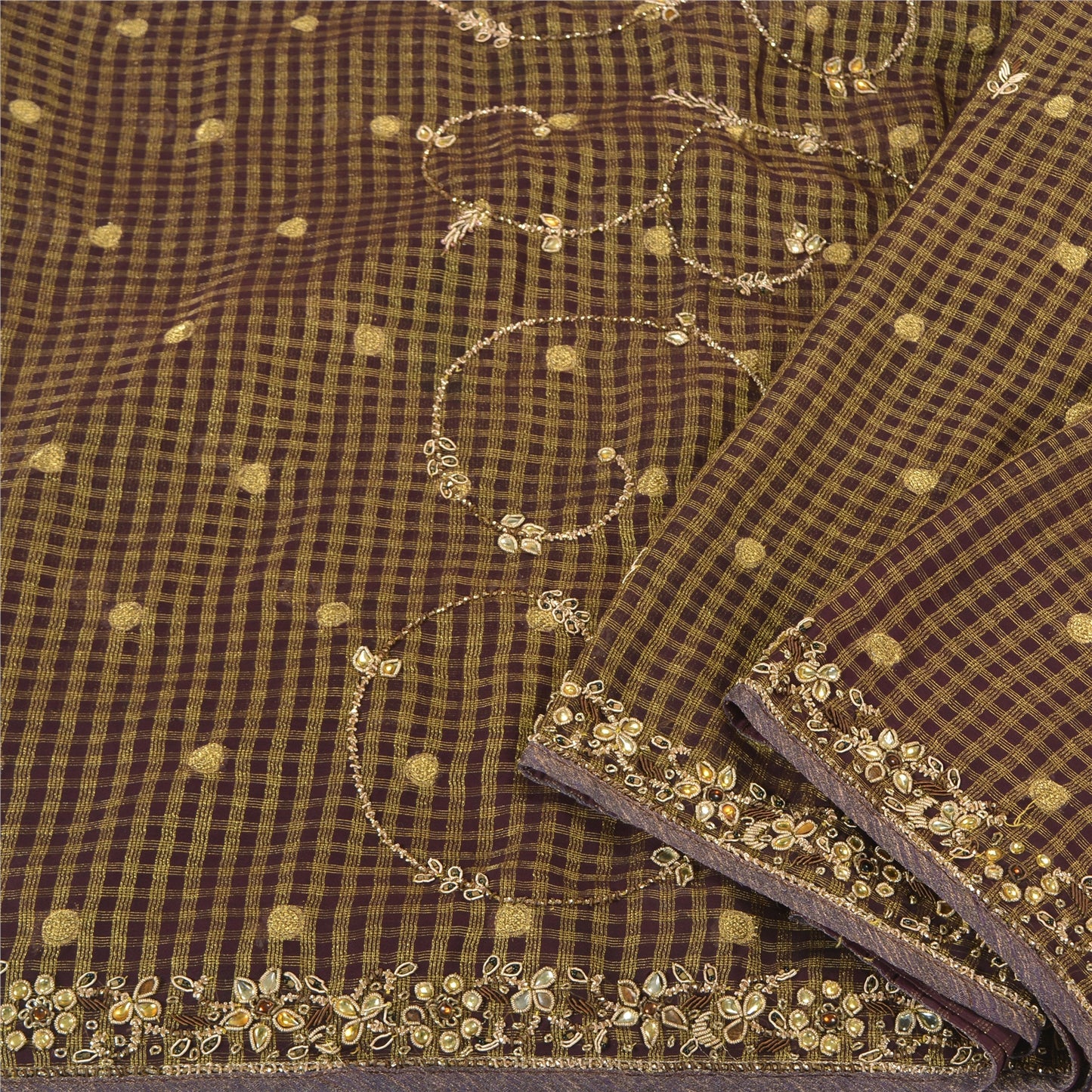 Sanskriti Vintage Brown Sarees Pure Silk Hand Beaded Woven Cultural Sari Sustainable Fabric