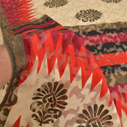 Sanskriti Vintage Ivory Sarees Cotton Printed & Woven Premium Sari Craft Sustainable Fabric