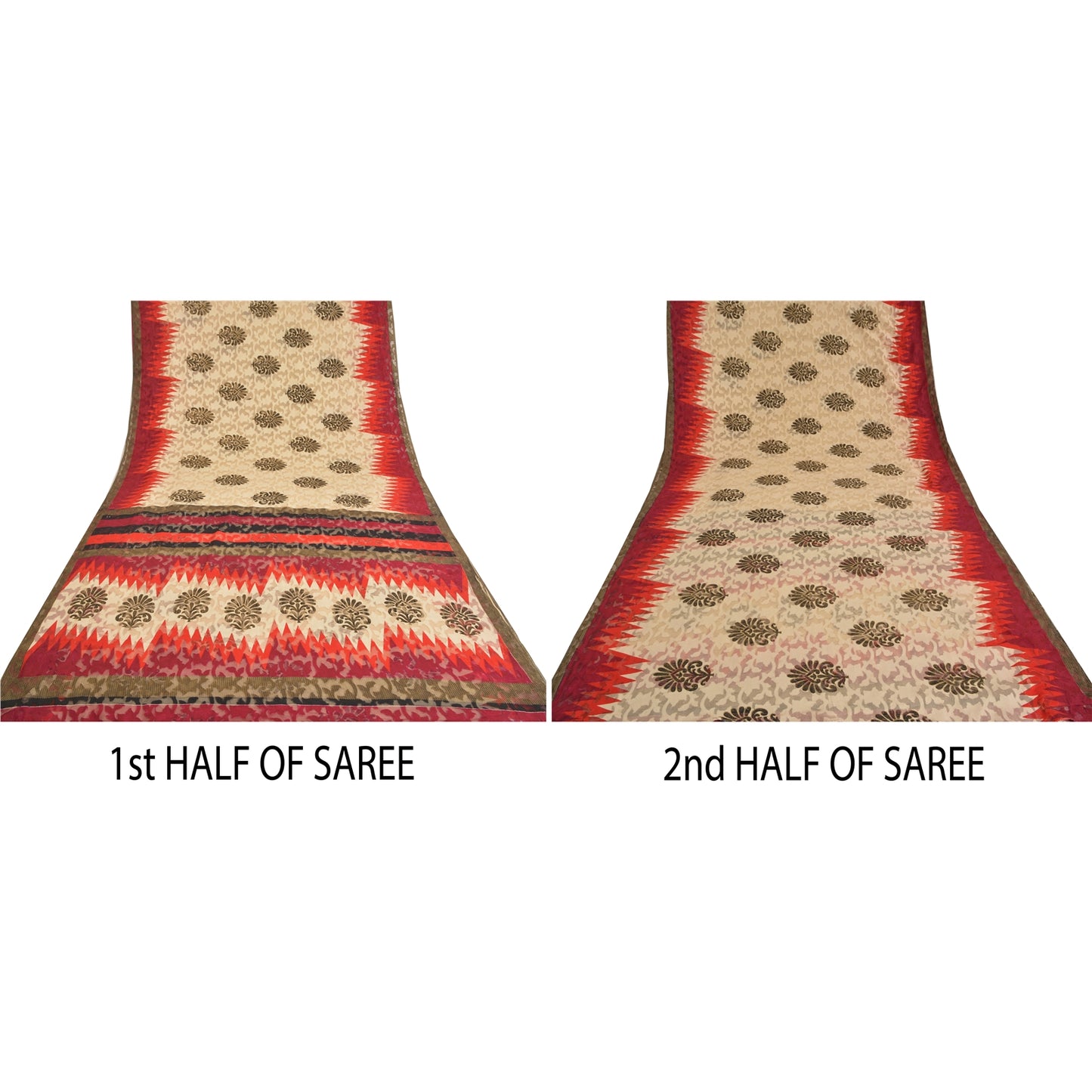 Sanskriti Vintage Ivory Sarees Cotton Printed & Woven Premium Sari Craft Sustainable Fabric