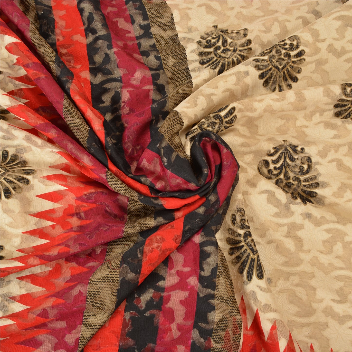 Sanskriti Vintage Ivory Sarees Cotton Printed & Woven Premium Sari Craft Sustainable Fabric