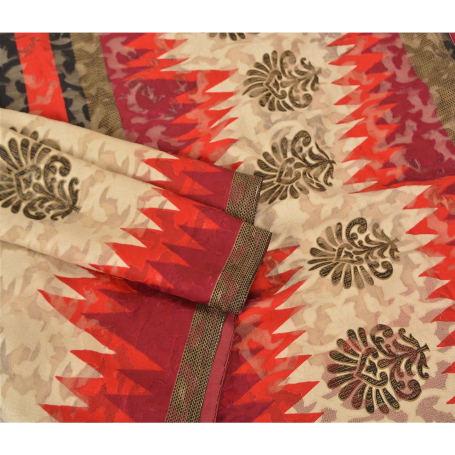 Sanskriti Vintage Ivory Sarees Cotton Printed & Woven Premium Sari Craft Sustainable Fabric