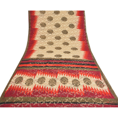 Sanskriti Vintage Ivory Sarees Cotton Printed & Woven Premium Sari Craft Sustainable Fabric