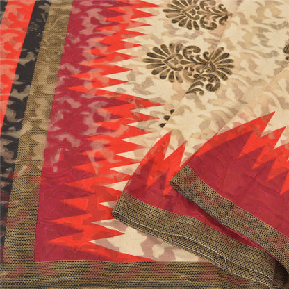 Sanskriti Vintage Ivory Sarees Cotton Printed & Woven Premium Sari Craft Sustainable Fabric