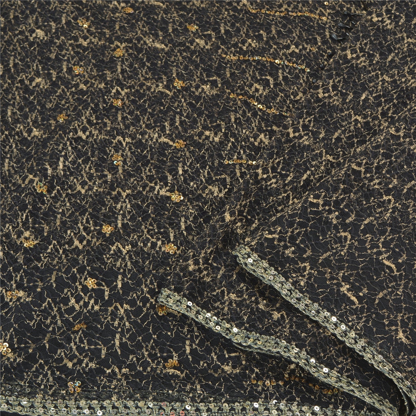 Sanskriti Vintage Black Sarees Net Mesh Hand Beaded Woven Premium Sari Sustainable Fabric