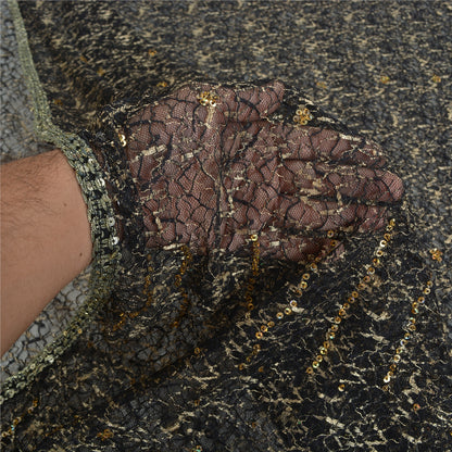 Sanskriti Vintage Black Sarees Net Mesh Hand Beaded Woven Premium Sari Sustainable Fabric