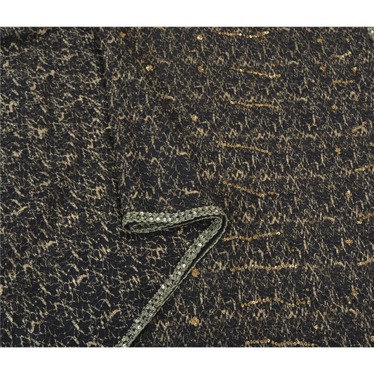 Sanskriti Vintage Black Sarees Net Mesh Hand Beaded Woven Premium Sari Sustainable Fabric