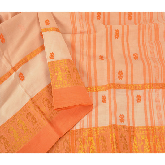 Sanskriti Vintage Peach Sarees 100% Pure Cotton Hand-Woven Premium Sari Sustainable Fabric