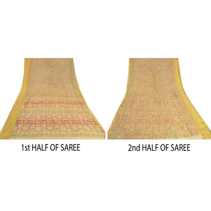 Sanskriti Vintage Cream Sarees 100% Pure Silk Printed Woven Sari Craft Sustainable Fabric