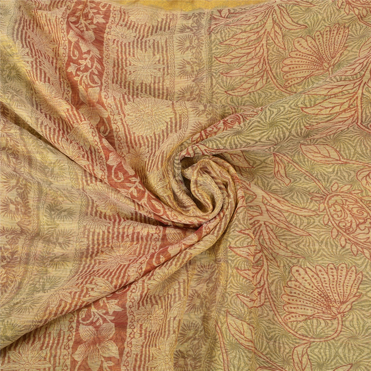Sanskriti Vintage Cream Sarees 100% Pure Silk Printed Woven Sari Craft Sustainable Fabric