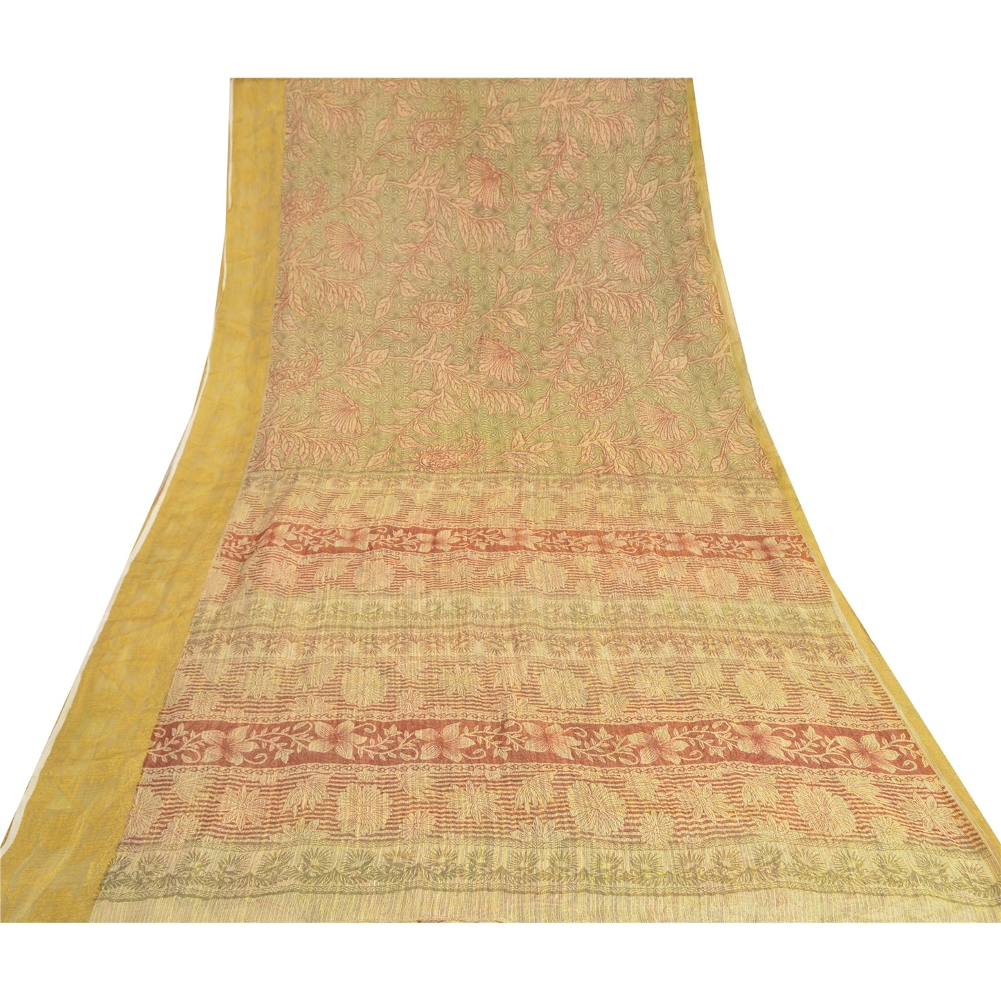 Sanskriti Vintage Cream Sarees 100% Pure Silk Printed Woven Sari Craft Sustainable Fabric