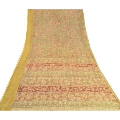 Sanskriti Vintage Cream Sarees 100% Pure Silk Printed Woven Sari Craft Sustainable Fabric