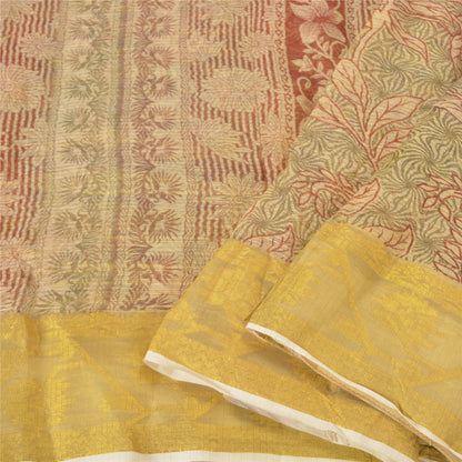 Sanskriti Vintage Cream Sarees 100% Pure Silk Printed Woven Sari Craft Sustainable Fabric