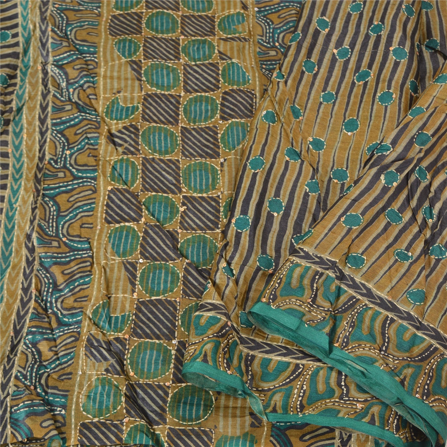 Sanskriti Vintage Green Sarees 100% Pure Silk Hand Beaded Kantha Sari Sustainable Fabric