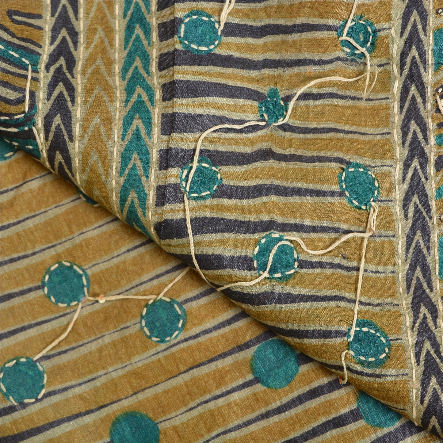 Sanskriti Vintage Green Sarees 100% Pure Silk Hand Beaded Kantha Sari Sustainable Fabric