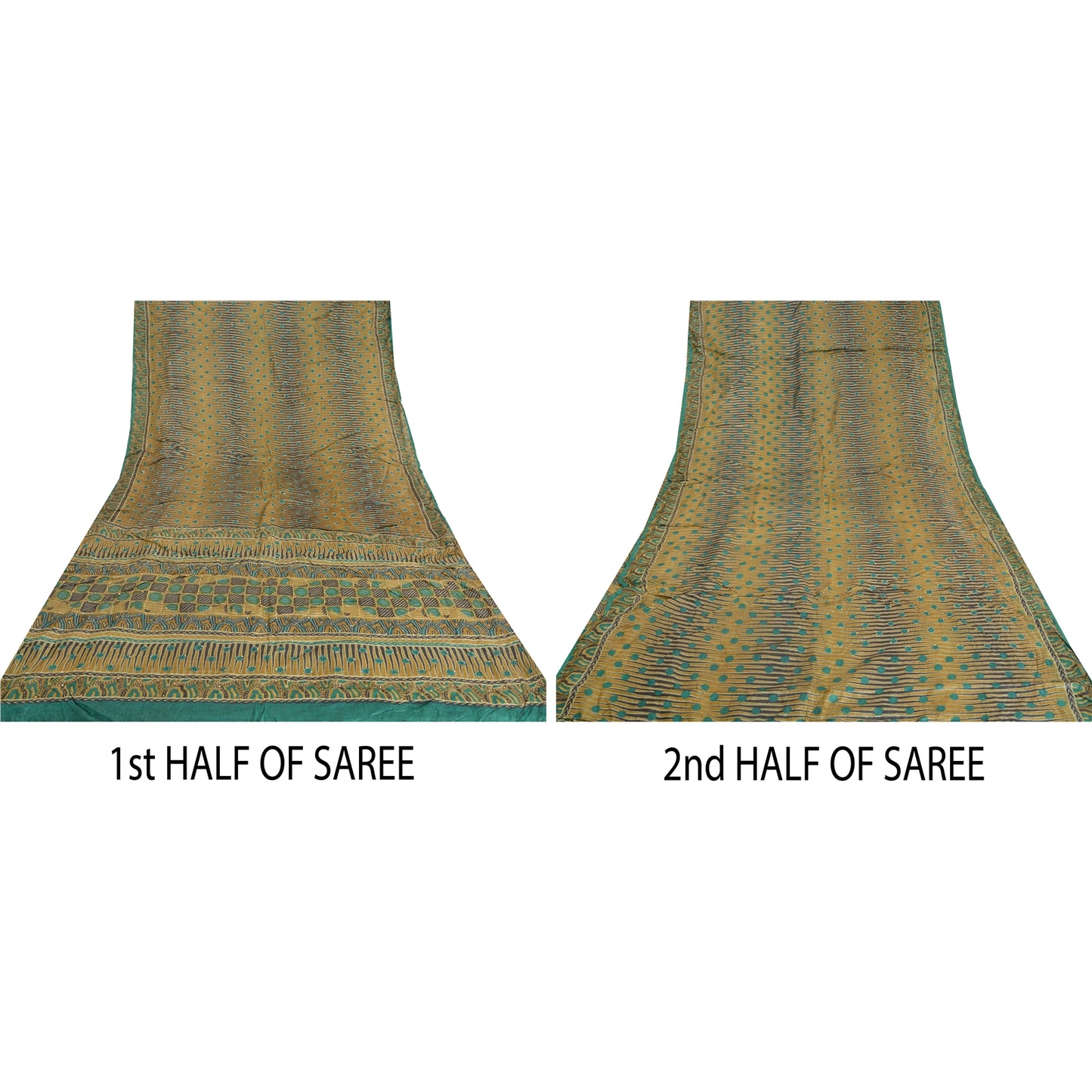 Sanskriti Vintage Green Sarees 100% Pure Silk Hand Beaded Kantha Sari Sustainable Fabric