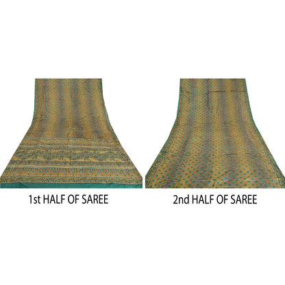 Sanskriti Vintage Green Sarees 100% Pure Silk Hand Beaded Kantha Sari Sustainable Fabric