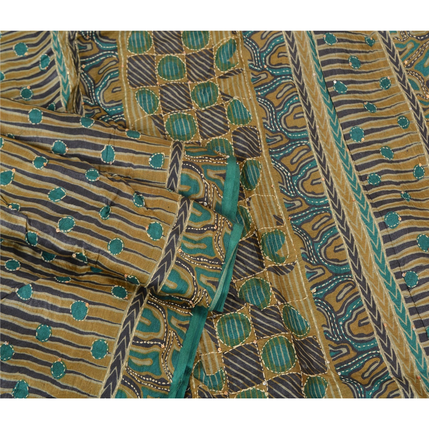 Sanskriti Vintage Green Sarees 100% Pure Silk Hand Beaded Kantha Sari Sustainable Fabric