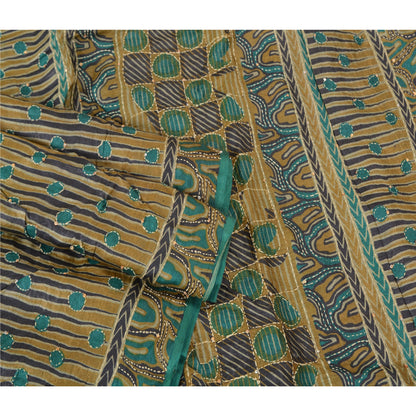 Sanskriti Vintage Green Sarees 100% Pure Silk Hand Beaded Kantha Sari Sustainable Fabric
